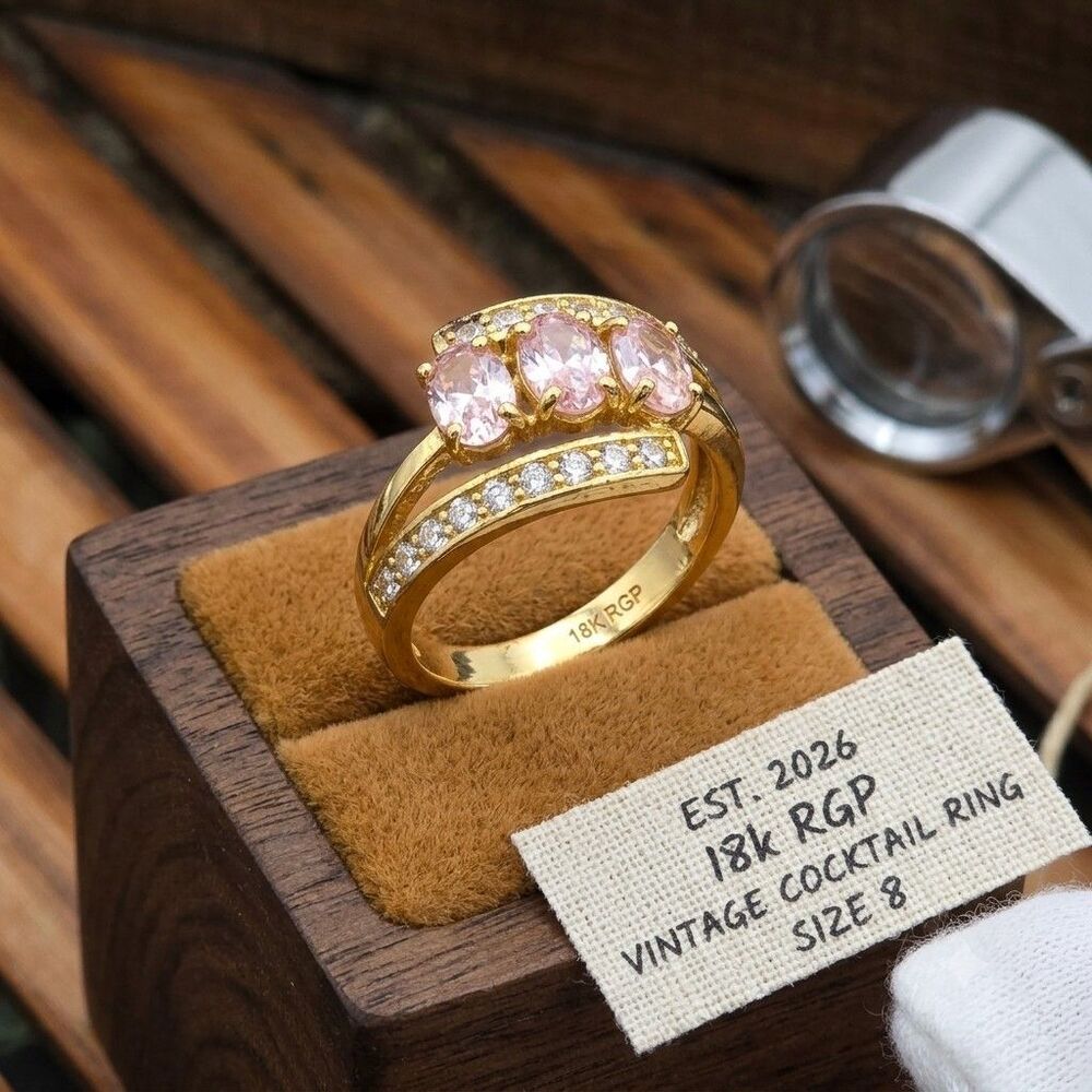 Vintage 18K RGP Gold Plated Pink 3-Stone Oval Bypass Cocktail Ring Sz 8 Clear CZ